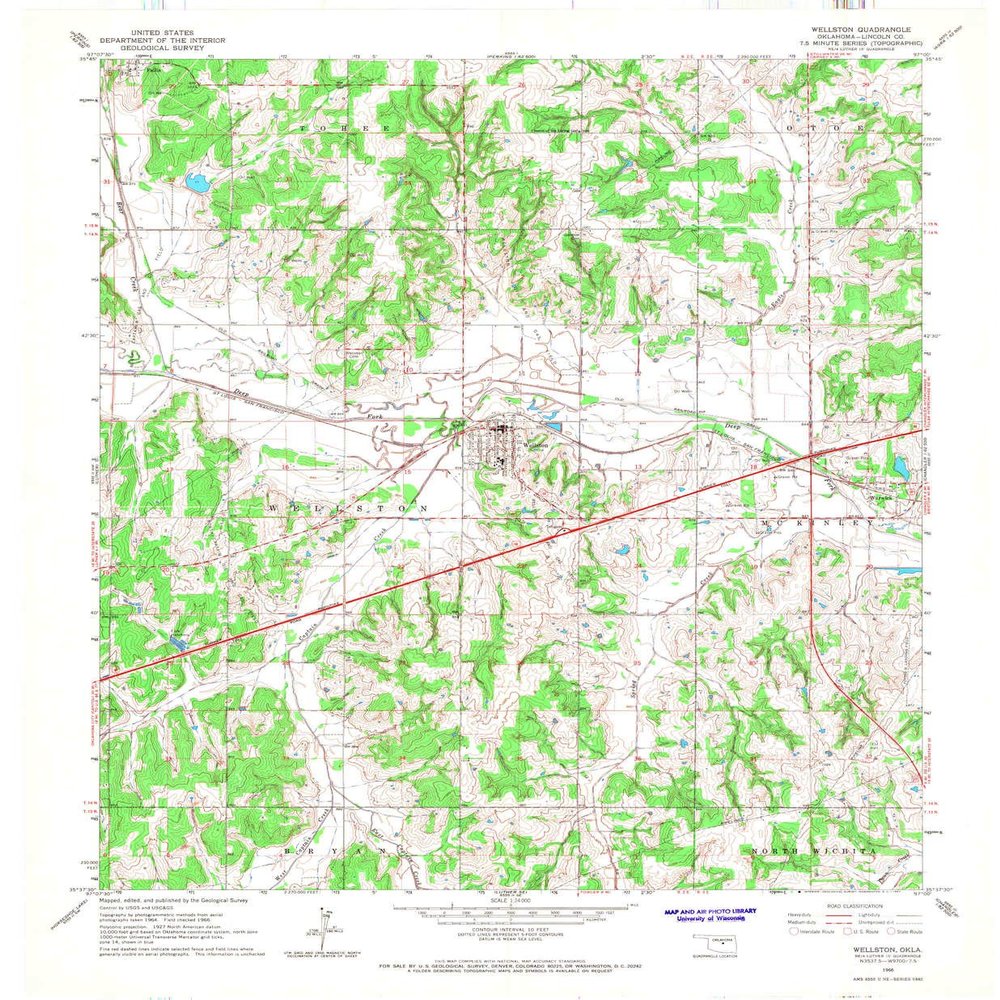 Wellston OK topo map, 1:24000 Scale, 7.5 X 7.5 Minute, Historical, 1966, Updated 1967, 27.4 x 22.6 in - Polypropylene
