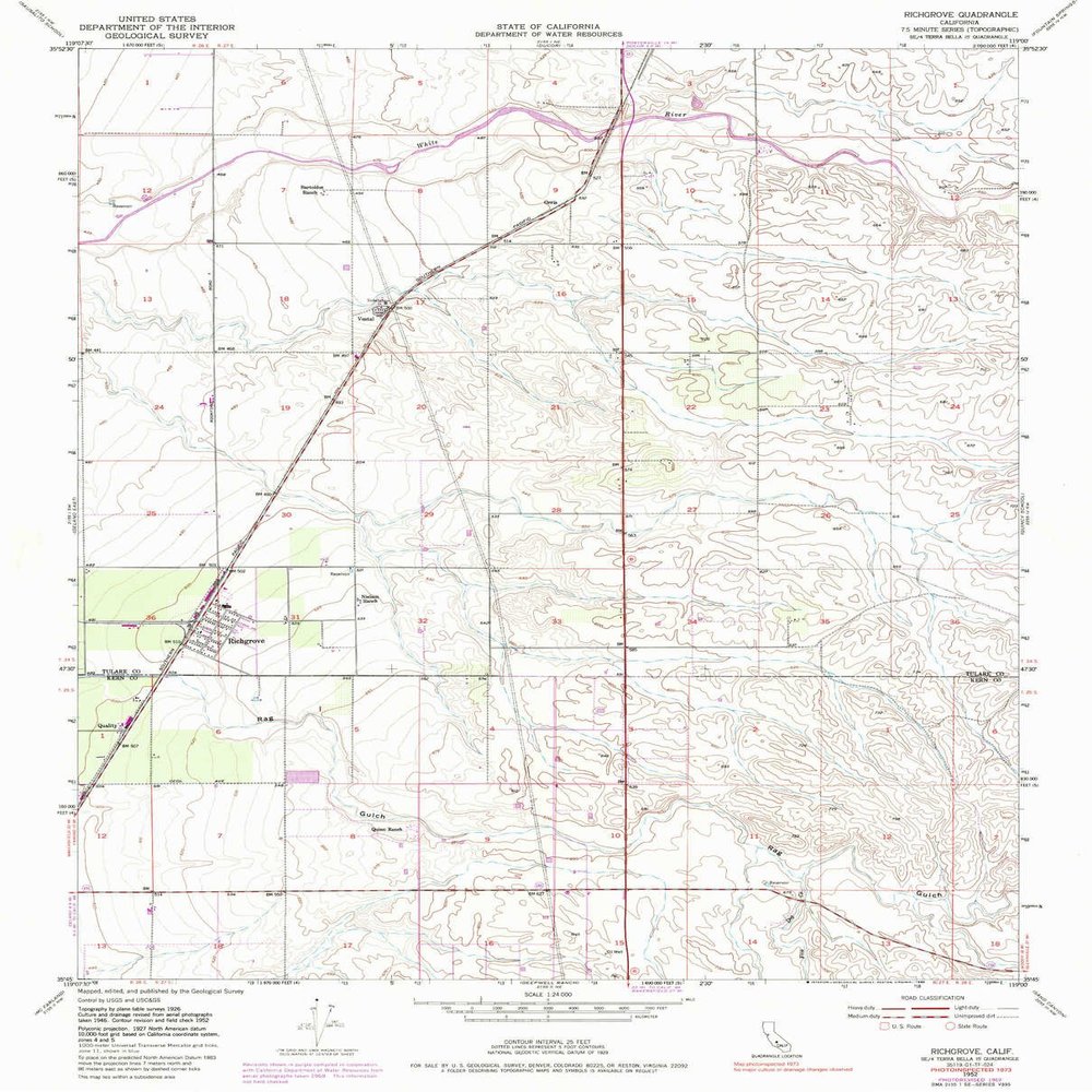 YellowMaps Richgrove CA topo map, 1:24000 Scale, 7.5 X 7.5 Minute, Historical, 1952, Updated 1986, 26.7 x 21.5 in - Polypropylene