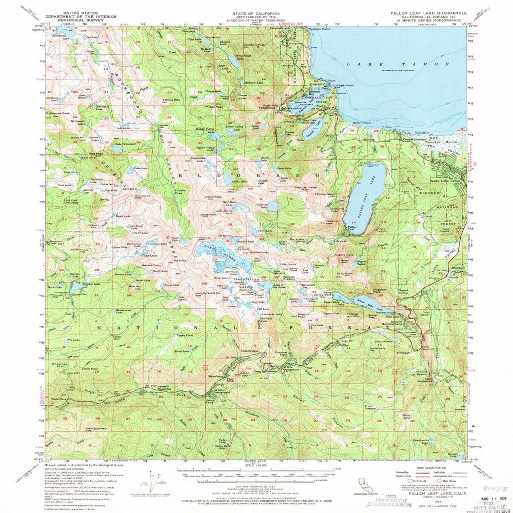 YellowMaps Fallen Leaf Lake CA topo map, 1:62500 Scale, 15 X 15 Minute, Historical, 1955, Updated 1971, 20.7 x 16.6 in - Polypropylene