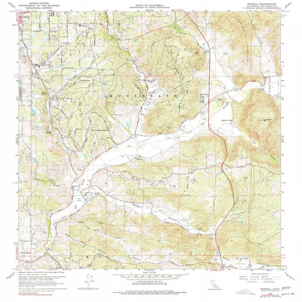 YellowMaps Bonsall CA topo map, 1:24000 Scale, 7.5 X 7.5 Minute, Historical, 1968, Updated 1977, 26.7 x 22 in - Polypropylene