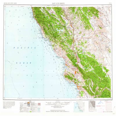 YellowMaps San Luis Obispo CA topo map, 1:250000 Scale, 1 X 2 Degree, Historical, 1958, Updated 1958, 22.3 x 31.4 in - Polypropylene