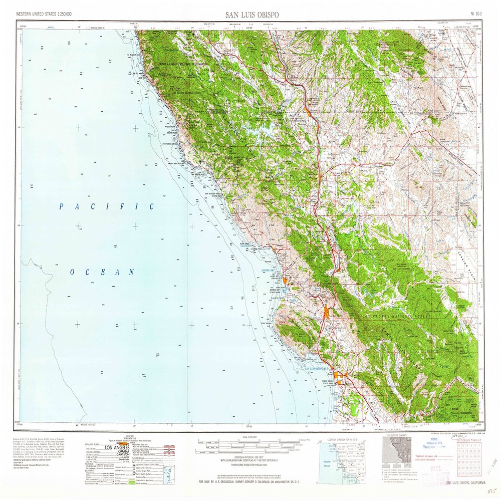 YellowMaps San Luis Obispo CA topo map, 1:250000 Scale, 1 X 2 Degree, Historical, 1958, Updated 1958, 22.3 x 31.4 in - Polypropylene