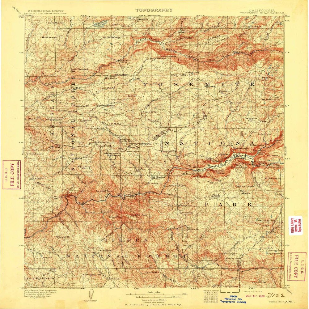 YellowMaps Yosemite CA topo map, 1:125000 Scale, 30 X 30 Minute, Historical, 1909, Updated 1909, 19.9 x 16.5 in - Tyvek