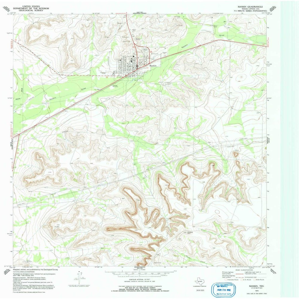YellowMaps Rankin TX topo map, 1:24000 Scale, 7.5 X 7.5 Minute, Historical, 1970, Updated 1992, 27 x 23.1 in - Tyvek
