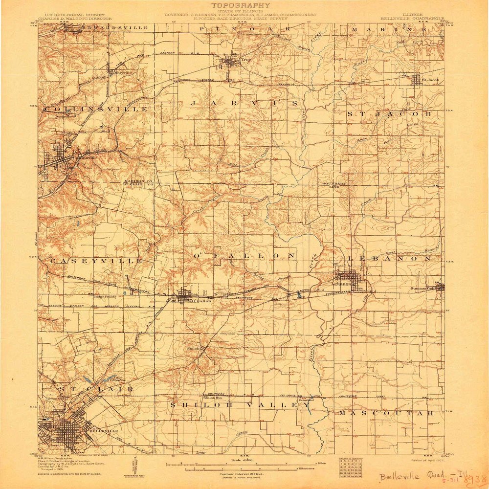 Belleville IL topo map, 1:62500 Scale, 15 X 15 Minute, Historical, 1907, 19.8 x 16.5 in - Polypropylene