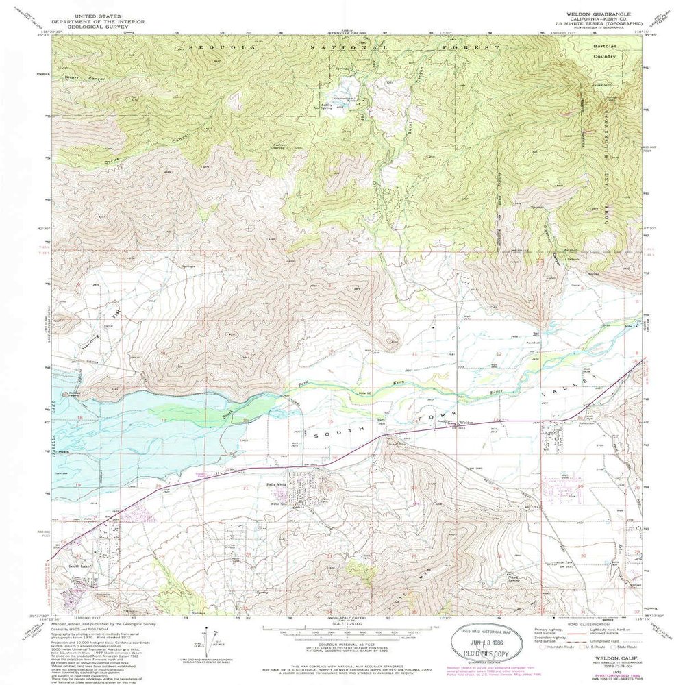 Weldon CA topo map, 1:24000 Scale, 7.5 X 7.5 Minute, Historical, 1972, Updated 1986, 26.7 x 21.4 in - Tyvek