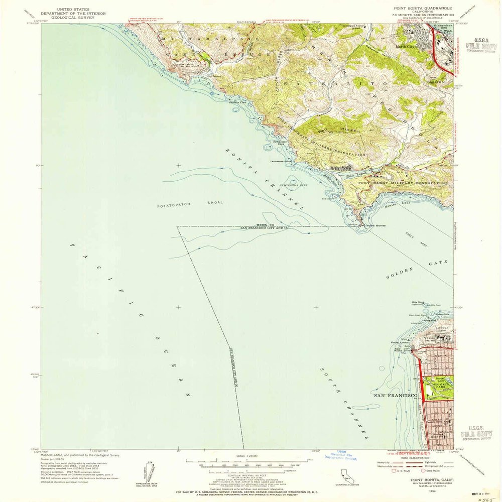 YellowMaps Point Bonita CA topo map, 1:24000 Scale, 7.5 X 7.5 Minute, Historical, 1954, Updated 1955, 26.8 x 22 in - Polypropylene