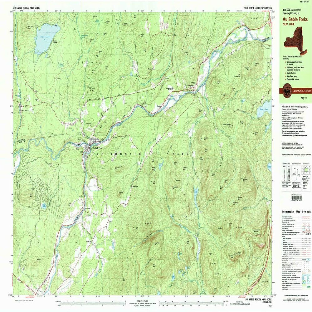 YellowMaps Au Sable Forks NY topo map, 1:25000 Scale, 7.5 X 15 Minute, Historical, 1978, Updated 1990, 24 x 37.9 in - Polypropylene