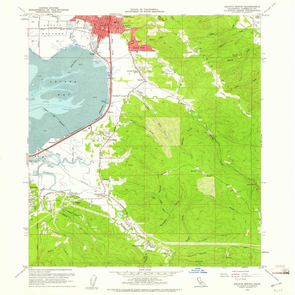 YellowMaps Arcata South CA topo map, 1:24000 Scale, 7.5 X 7.5 Minute, Historical, 1959, Updated 1961, 26.8 x 22 in - Polypropylene