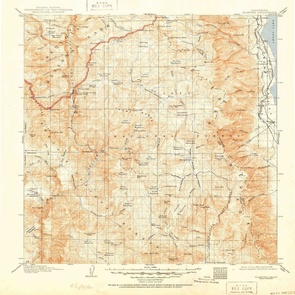 YellowMaps Olancha CA topo map, 1:125000 Scale, 30 X 30 Minute, Historical, 1907, Updated 1951, 20.8 x 16.5 in - Polypropylene