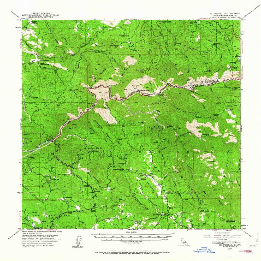 YellowMaps El Portal CA topo map, 1:62500 Scale, 15 X 15 Minute, Historical, 1947, Updated 1964, 21.8 x 16.6 in - Polypropylene