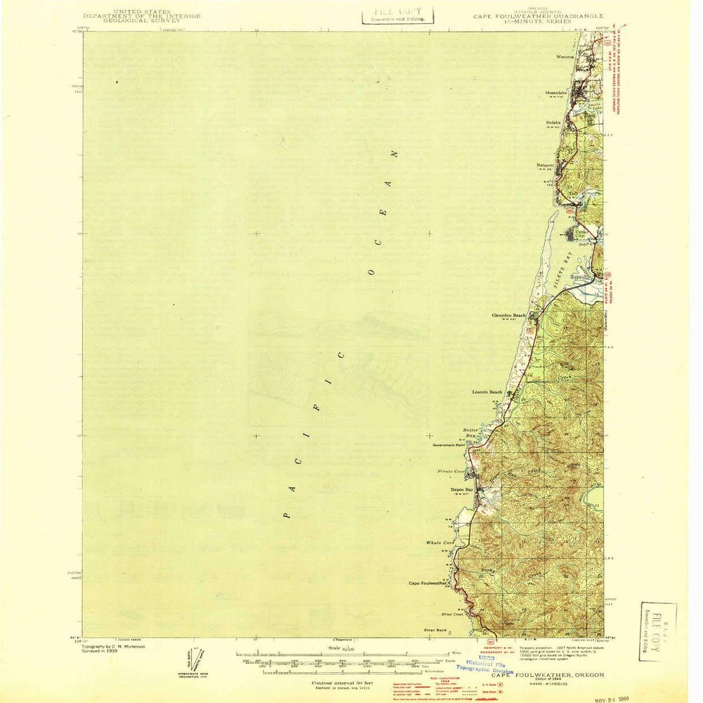 YellowMaps Cape Foulweather OR topo map, 1:62500 Scale, 15 X 15 Minute, Historical, 1944, 20.3 x 16.8 in - Polypropylene