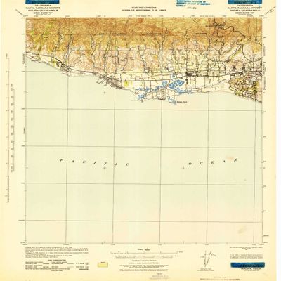YellowMaps Goleta CA topo map, 1:62500 Scale, 15 X 15 Minute, Historical, 1942, Updated 1943, 21.8 x 17.2 in - Polypropylene