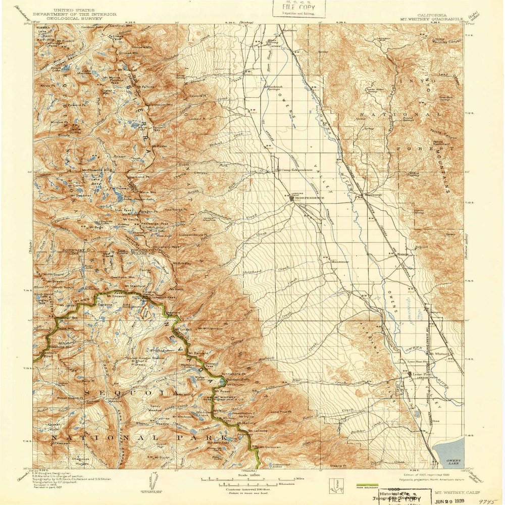 YellowMaps Mt Whitney CA topo map, 1:125000 Scale, 30 X 30 Minute, Historical, 1907, Updated 1939, 19.8 x 16.5 in - Tyvek