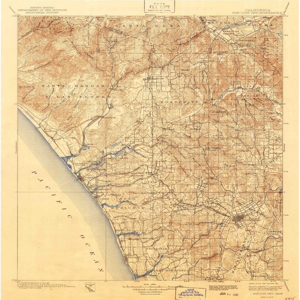YellowMaps San Luis Rey CA topo map, 1:125000 Scale, 30 X 30 Minute, Historical, 1901, Updated 1941, 19.8 x 16.6 in - Polypropylene