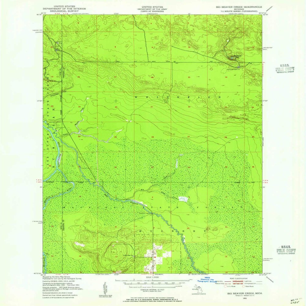 YellowMaps Big Beaver Creek MI topo map, 1:24000 Scale, 7.5 X 7.5 Minute, Historical, 1951, Updated 1955, 26.9 x 22 in - Polypropylene