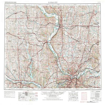 YellowMaps Kansas City MO topo map, 1:250000 Scale, 1 X 2 Degree, Historical, 1956, Updated 1976, 22.2 x 30.3 in - Tyvek
