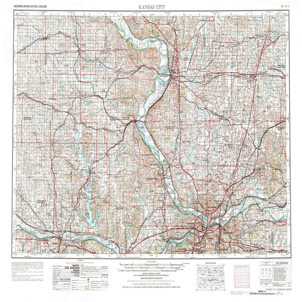 YellowMaps Kansas City MO topo map, 1:250000 Scale, 1 X 2 Degree, Historical, 1956, Updated 1976, 22.2 x 30.3 in - Tyvek