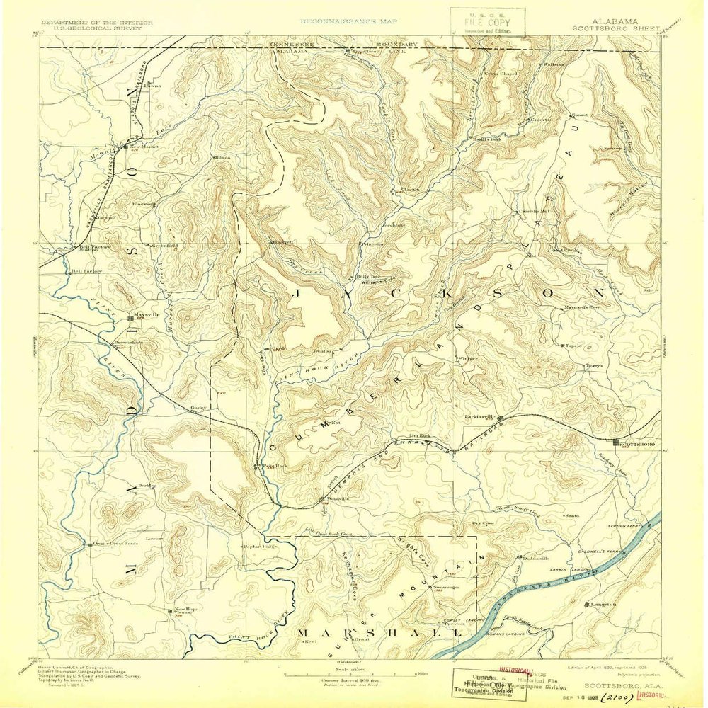 YellowMaps Scottsboro AL topo map, 1:125000 Scale, 30 X 30 Minute, Historical, 1892, Updated 1925, 19.8 x 16.4 in - Tyvek