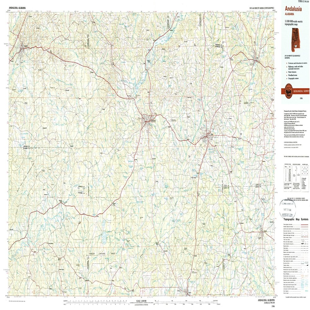 YellowMaps Andalusia AL topo map, 1:100000 Scale, 30 X 60 Minute, Historical, 1986, Updated 1989, 23.8 x 43.8 in - Polypropylene