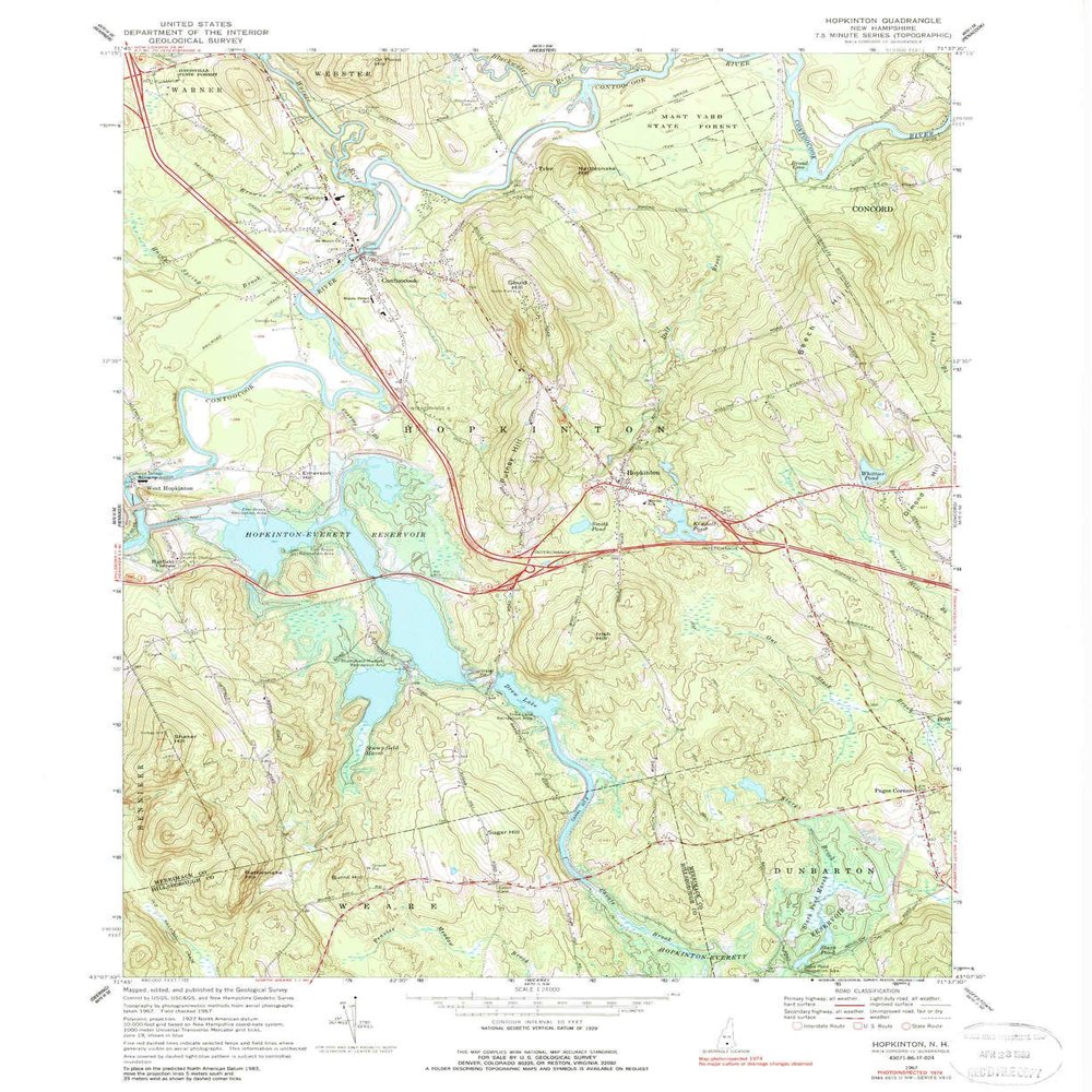 YellowMaps Hopkinton NH topo map, 1:24000 Scale, 7.5 X 7.5 Minute, Historical, 1967, Updated 1989, 26.9 x 22 in - Tyvek