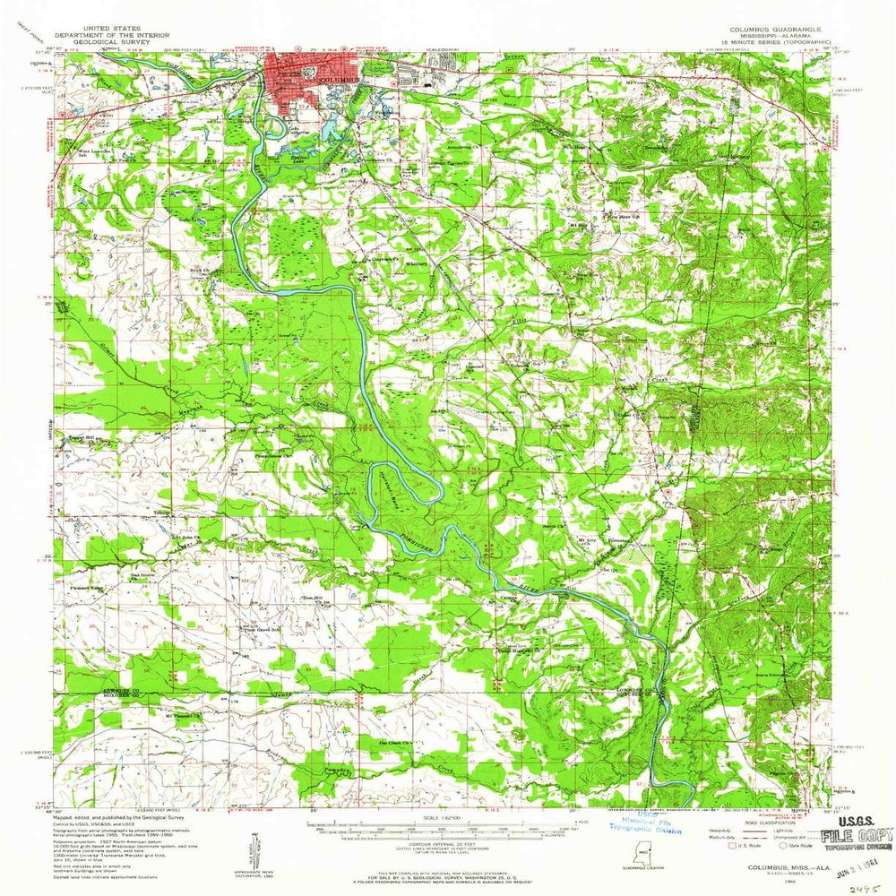 YellowMaps Columbus MS topo map, 1:62500 Scale, 15 X 15 Minute, Historical, 1960, Updated 1961, 20.7 x 16.9 in - Polypropylene