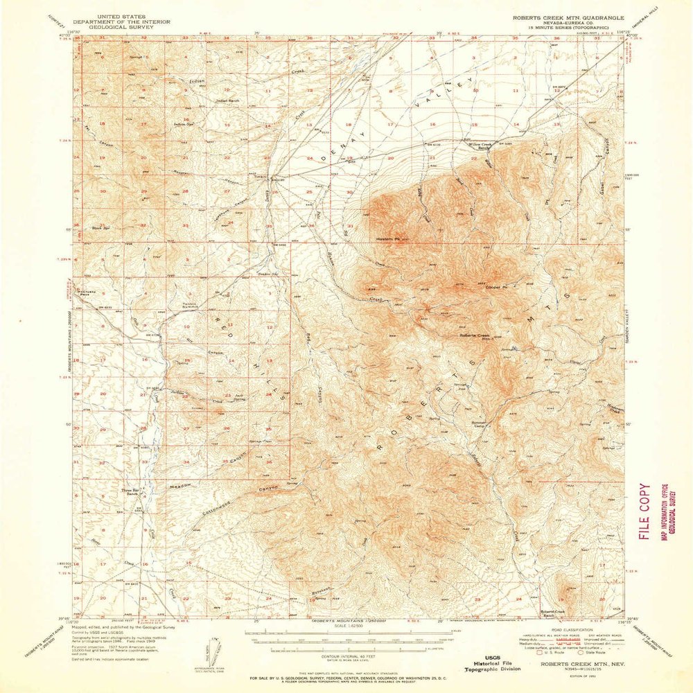 YellowMaps Roberts Creek MTN NV topo map, 1:62500 Scale, 15 X 15 Minute, Historical, 1951, 20.8 x 16.9 in - Polypropylene