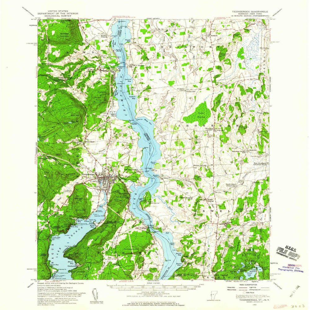 YellowMaps Ticonderoga NY topo map, 1:62500 Scale, 15 X 15 Minute, Historical, 1950, Updated 1960, 20.8 x 16.9 in - Polypropylene