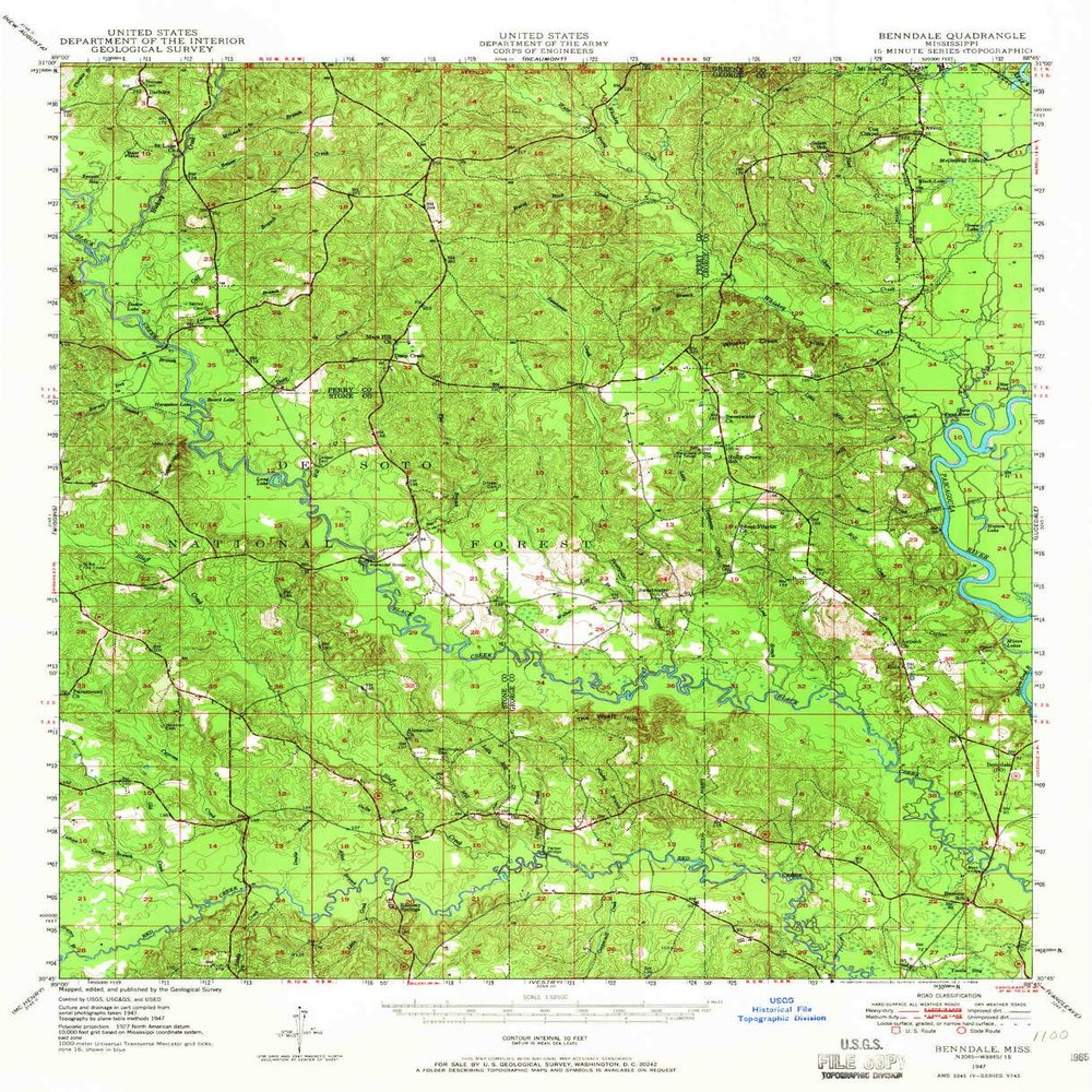 YellowMaps Benndale MS topo map, 1:62500 Scale, 15 X 15 Minute, Historical, 1947, Updated 1966, 20.8 x 16.9 in - Polypropylene