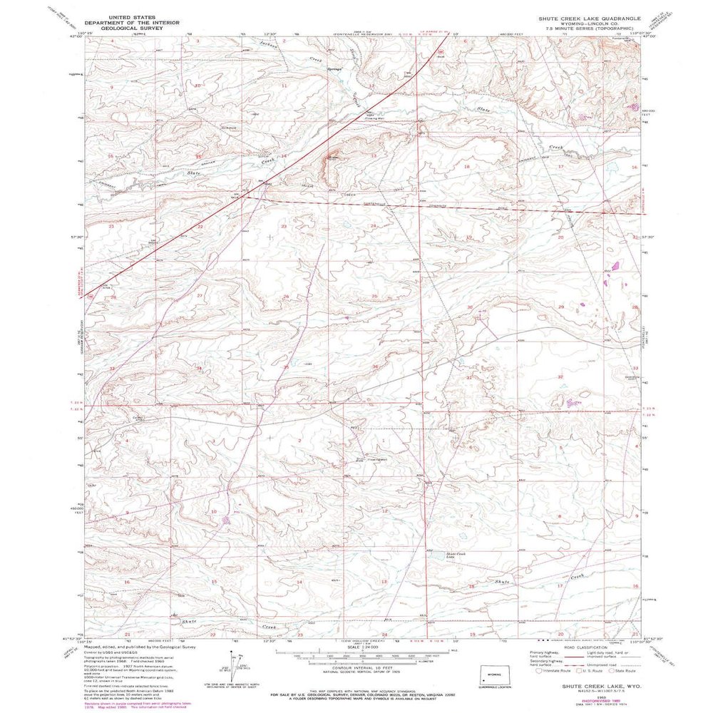YellowMaps Shute Creek Lake WY topo map, 1:24000 Scale, 7.5 X 7.5 Minute, Historical, 1969, Updated 1980, 27 x 21.8 in - Polypropylene