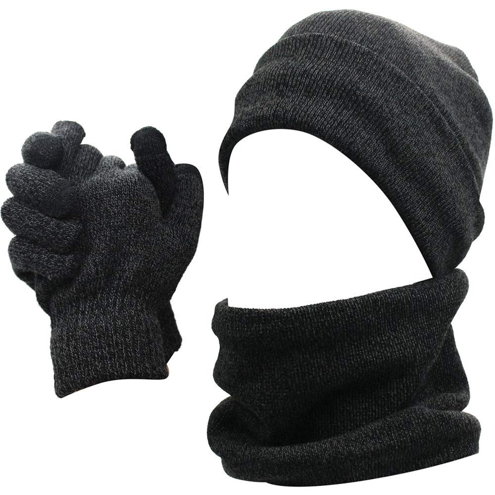 Mens Winter 3 Pieces Set Scarf Skull Beanie Hat Cap Touch Screen Gloves Mittens