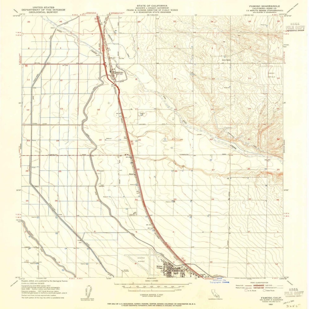 YellowMaps Famoso CA topo map, 1:24000 Scale, 7.5 X 7.5 Minute, Historical, 1953, Updated 1953, 26.9 x 22 in - Polypropylene