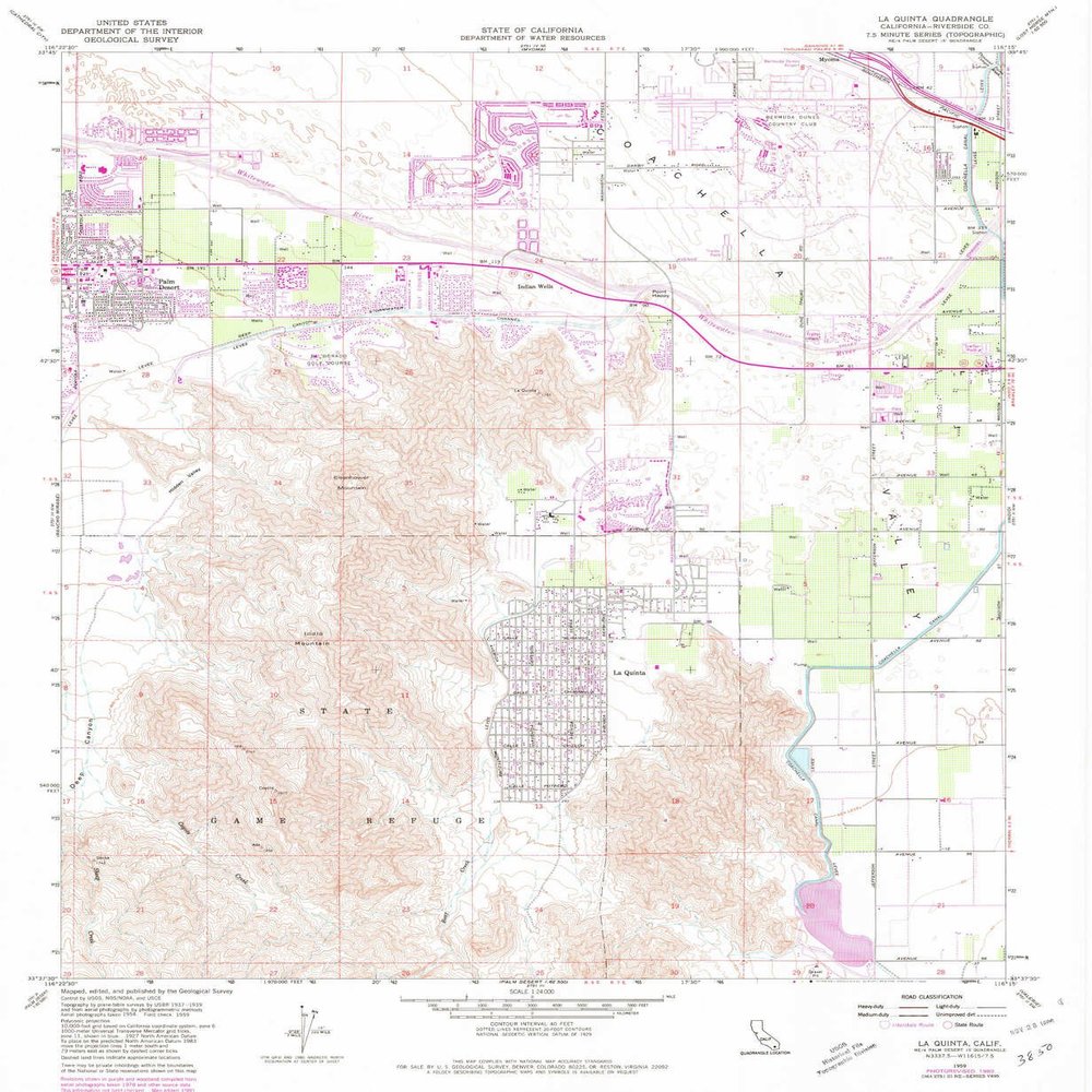 YellowMaps La Quinta CA topo map, 1:24000 Scale, 7.5 X 7.5 Minute, Historical, 1959, Updated 1980, 26.8 x 22 in - Polypropylene