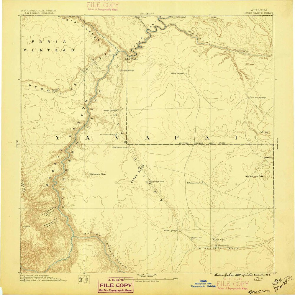 YellowMaps Echo Cliffs AZ topo map, 1:250000 Scale, 1 X 1 Degree, Historical, 1891, Updated 1896, 20.1 x 16.5 in - Polypropylene