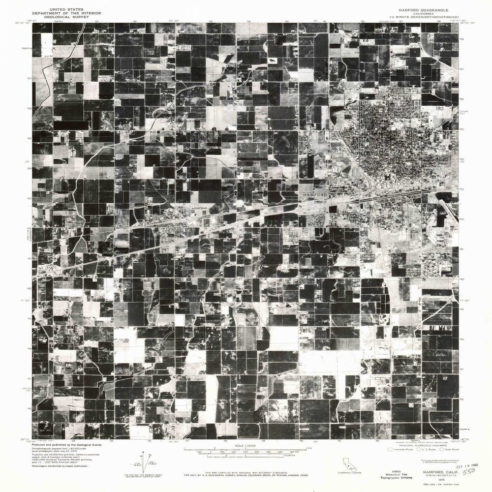YellowMaps Hanford CA topo map, 1:24000 Scale, 7.5 X 7.5 Minute, Historical, 1976, Updated 1980, 26.8 x 21.1 in - Polypropylene