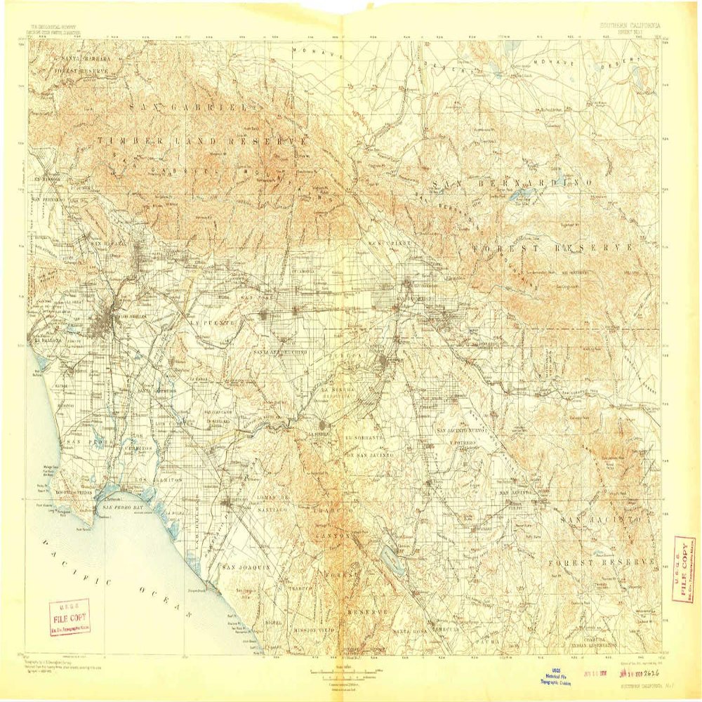 YellowMaps Southern California Sheet No 1 CA topo map, 1:250000 Scale, 1 X 2 Degree, Historical, 1901, Updated 1910, 20 x 32.3 in - Polypropylene