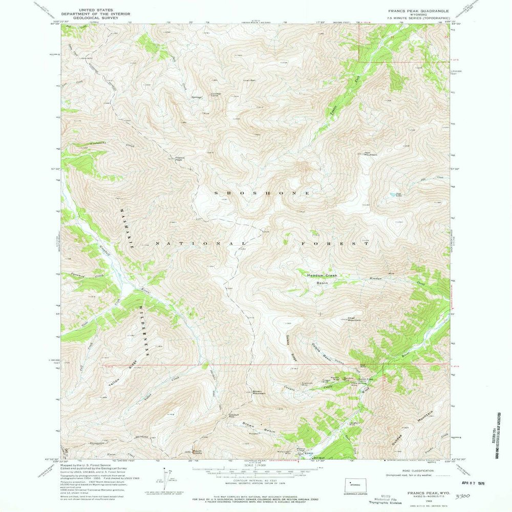 YellowMaps Francs Peak WY topo map, 1:24000 Scale, 7.5 X 7.5 Minute, Historical, 1969, Updated 1978, 26.8 x 21.7 in - Polypropylene