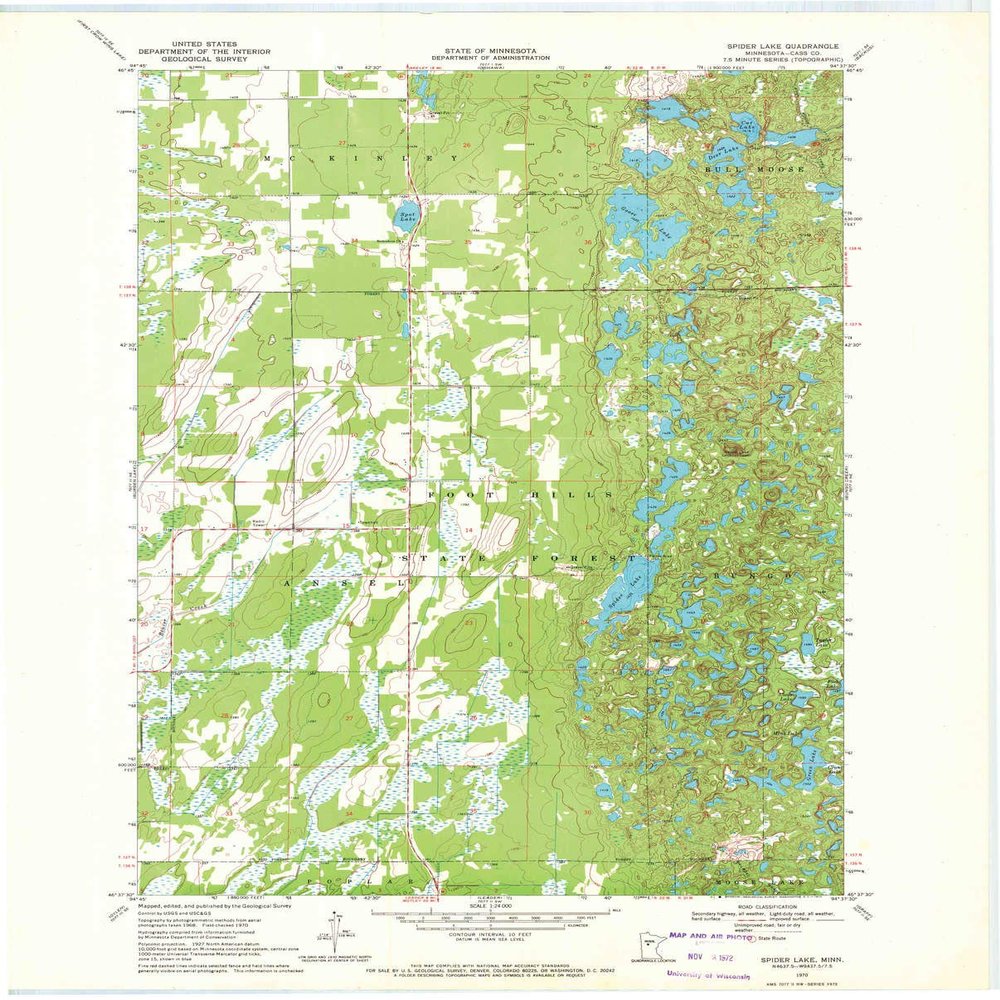 YellowMaps Spider Lake MN topo map, 1:24000 Scale, 7.5 X 7.5 Minute, Historical, 1970, Updated 1972, 27.23 x 21.53 in - Tyvek