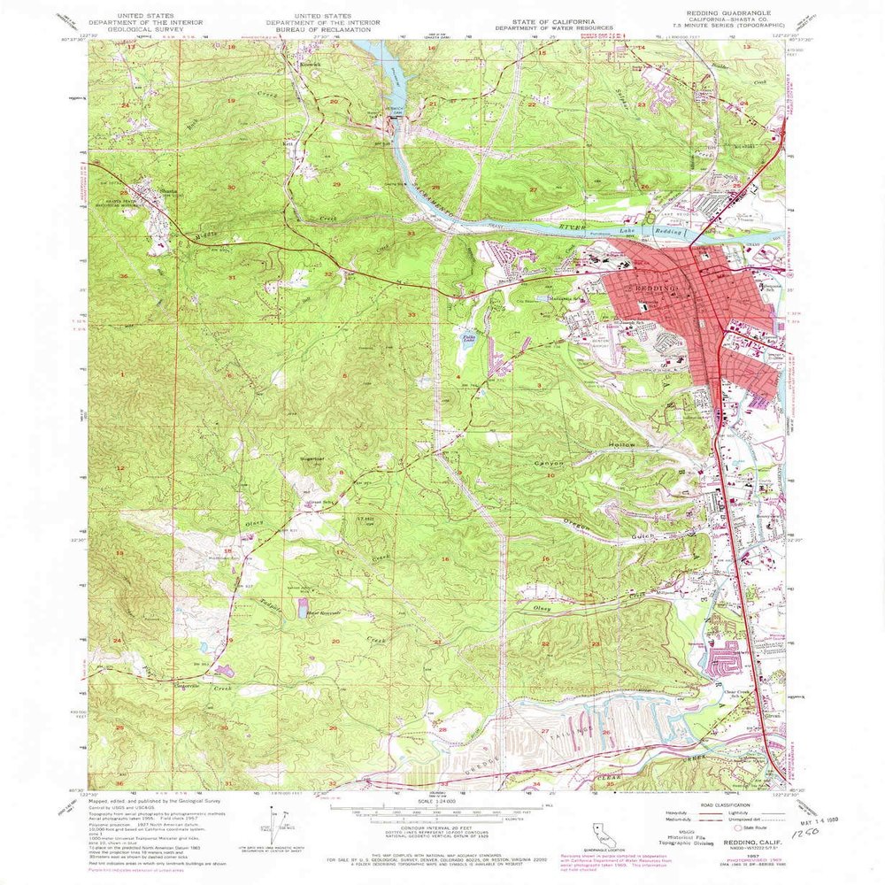 YellowMaps Redding CA topo map, 1:24000 Scale, 7.5 X 7.5 Minute, Historical, 1957, Updated 1980, 26.8 x 22 in - Tyvek