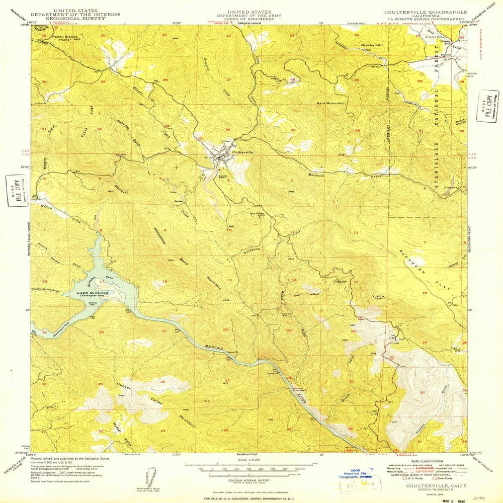YellowMaps Coulterville CA topo map, 1:24000 Scale, 7.5 X 7.5 Minute, Historical, 1949, Updated 1949, 26.8 x 20.8 in - Polypropylene