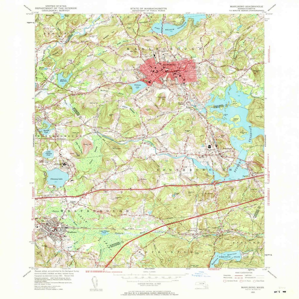 YellowMaps Marlboro MA topo map, 1:24000 Scale, 7.5 X 7.5 Minute, Historical, 1953, Updated 1960, 26.9 x 22.1 in - Polypropylene