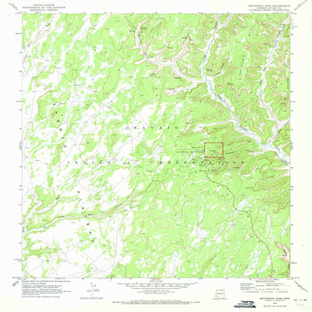 YellowMaps Betatakin Ruin AZ topo map, 1:24000 Scale, 7.5 X 7.5 Minute, Historical, 1970, Updated 1973, 26.9 x 21.3 in - Tyvek
