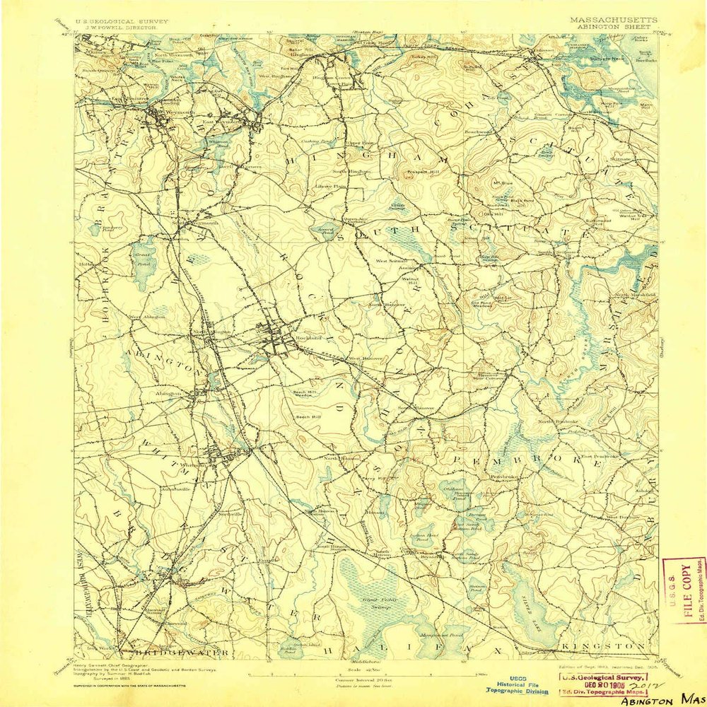 YellowMaps Abington MA topo map, 1:62500 Scale, 15 X 15 Minute, Historical, 1893, Updated 1905, 19.8 x 15.8 in - Tyvek