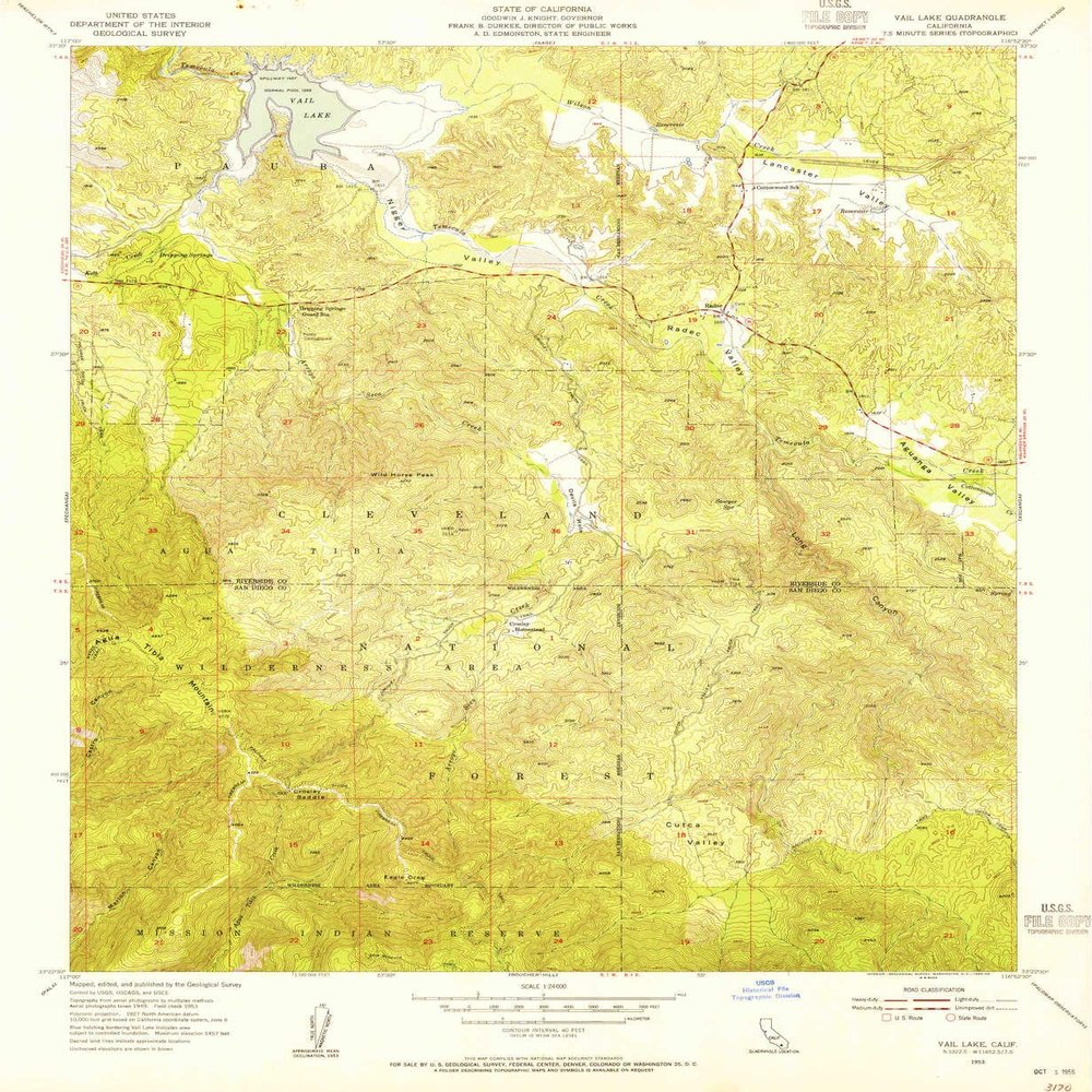 YellowMaps Vail Lake CA topo map, 1:24000 Scale, 7.5 X 7.5 Minute, Historical, 1953, Updated 1955, 26.8 x 22 in - Tyvek