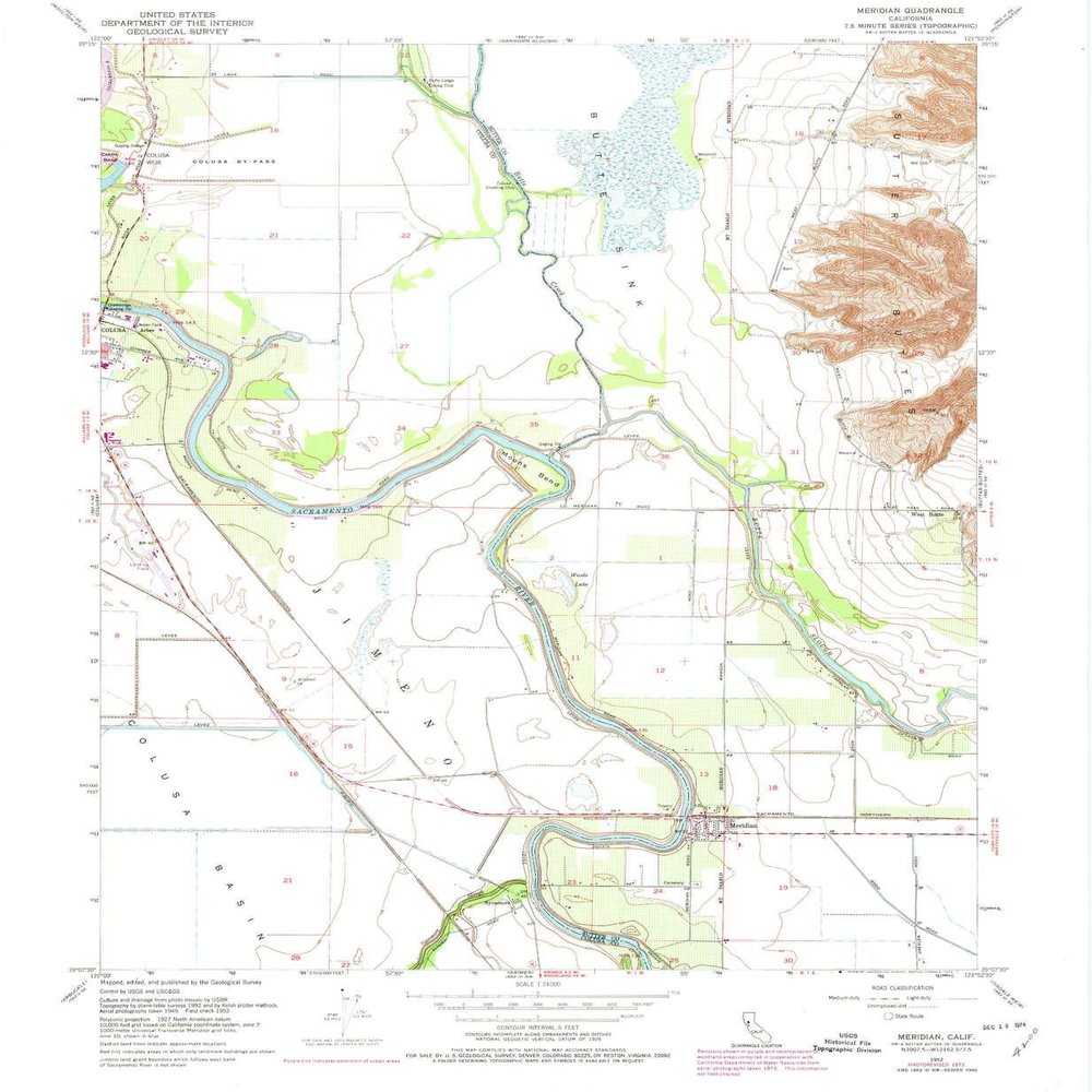 YellowMaps Meridian CA topo map, 1:24000 Scale, 7.5 X 7.5 Minute, Historical, 1952, Updated 1974, 26.9 x 22.1 in - Polypropylene