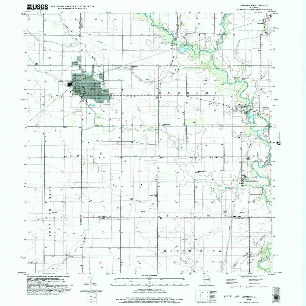 YellowMaps Arthur IL topo map, 1:24000 Scale, 7.5 X 7.5 Minute, Historical, 1998, Updated 2003, 26.8 x 22 in - Polypropylene