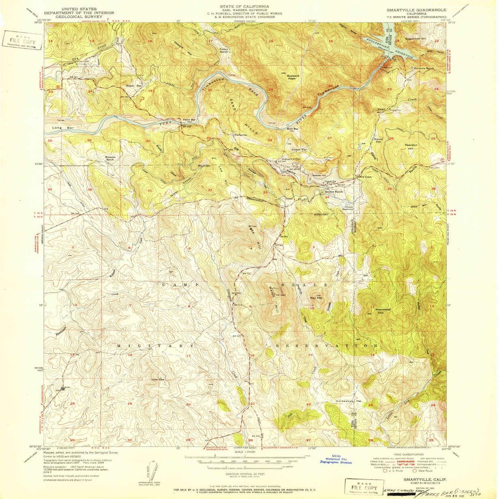 YellowMaps Smartville CA topo map, 1:24000 Scale, 7.5 X 7.5 Minute, Historical, 1951, 26.8 x 22 in - Tyvek