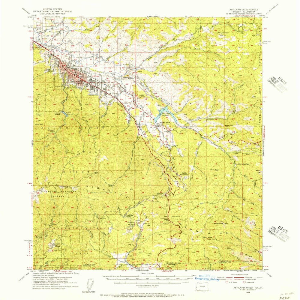 YellowMaps Ashland OR topo map, 1:62500 Scale, 15 X 15 Minute, Historical, 1954, Updated 1956, 20.8 x 17 in - Tyvek