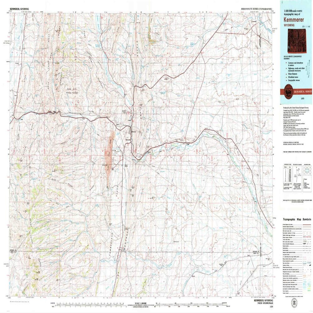 YellowMaps Kemmerer WY topo map, 1:100000 Scale, 30 X 60 Minute, Historical, 1979, Updated 1980, 24.1 x 39 in - Tyvek