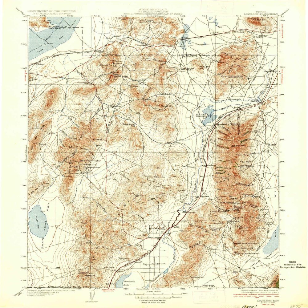 YellowMaps Lovelock NV topo map, 1:250000 Scale, 1 X 1 Degree, Historical, 1935, 19.9 x 16.4 in - Polypropylene